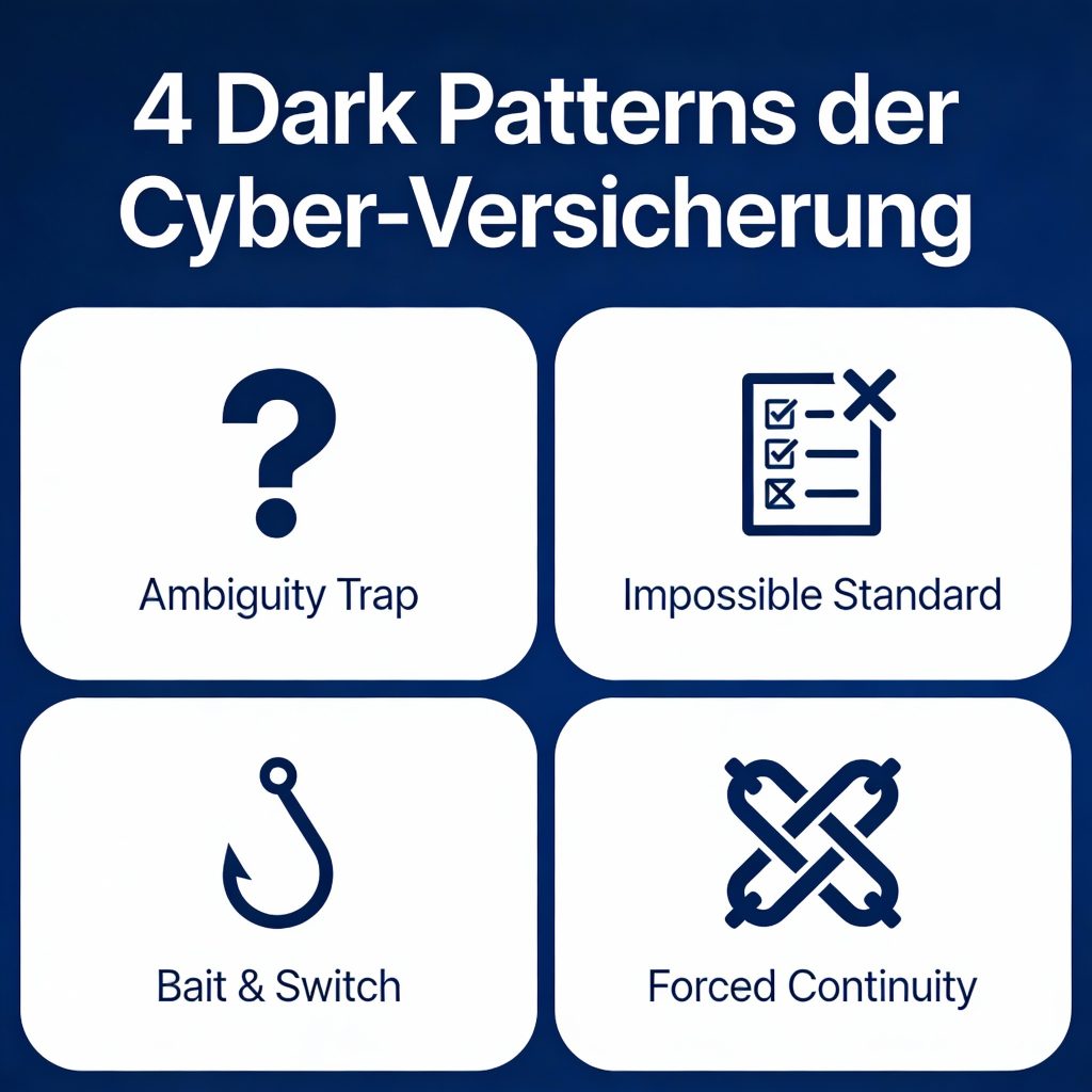 Minimalistische 2x2-Infografik "4 Dark Patterns der Cyber-Versicherung": Vier Kacheln mit Icons. 1: Fragezeichen "Ambiguity Trap". 2: Checkliste-X "Impossible Standard". 3: Fischhaken "Bait & Switch". 4: Kette "Forced Continuity". Dunkle Blautöne, Business-Design.
Note: AI Generated Image
