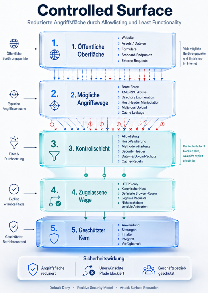 Angriffsfläche der Website reduzieren durch u.A. Begrenzung der Einstiegspfade und klaren Kontrollschichten.